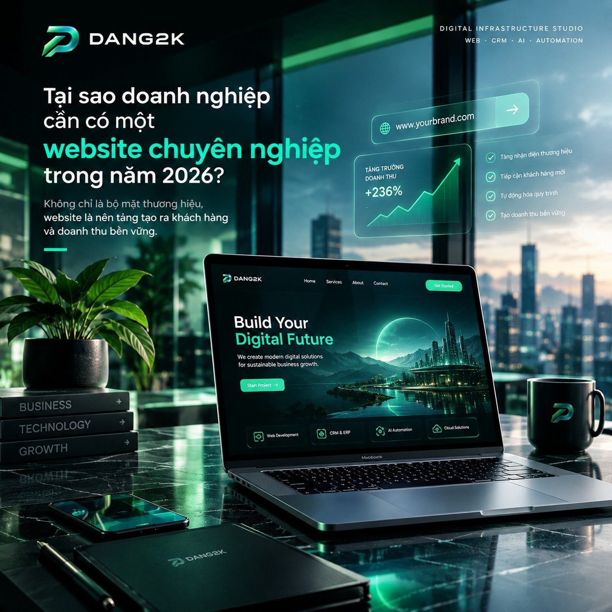 Website doanh nghiệp chuyên nghiệp DANG2K trên laptop, giao diện dashboard tối giản nền đen xanh emerald