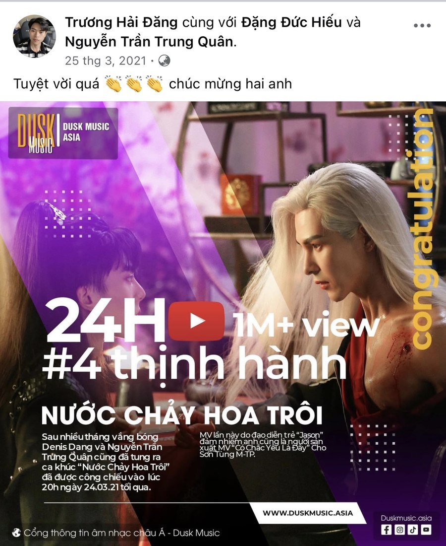MV Nước Chảy Hoa Trôi phát hành qua Dusk Music Asia Top 4 thịnh hành YouTube